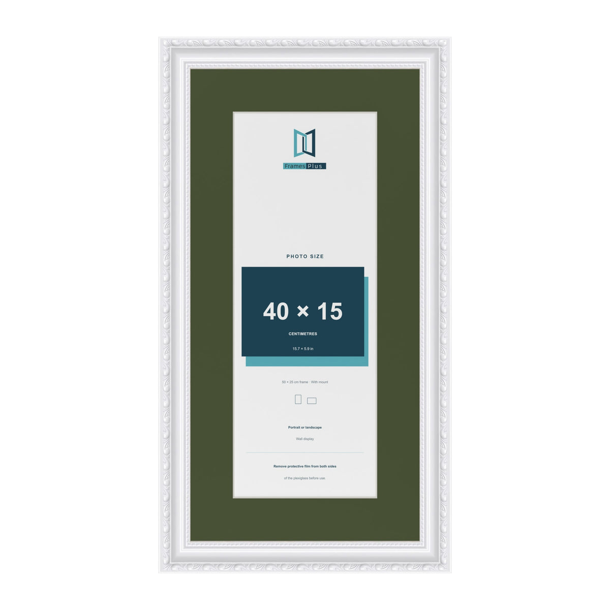 Louis White 50 x 25 cm picture frame with a green mount for a 40 x 15 cm photo