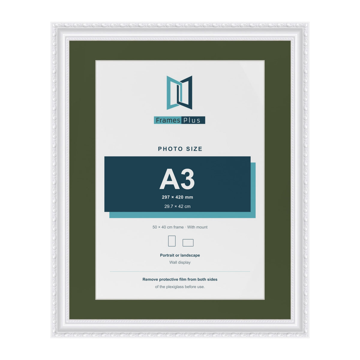 Louis White 50 x 40 cm picture frame with a green mount for an A3 photo