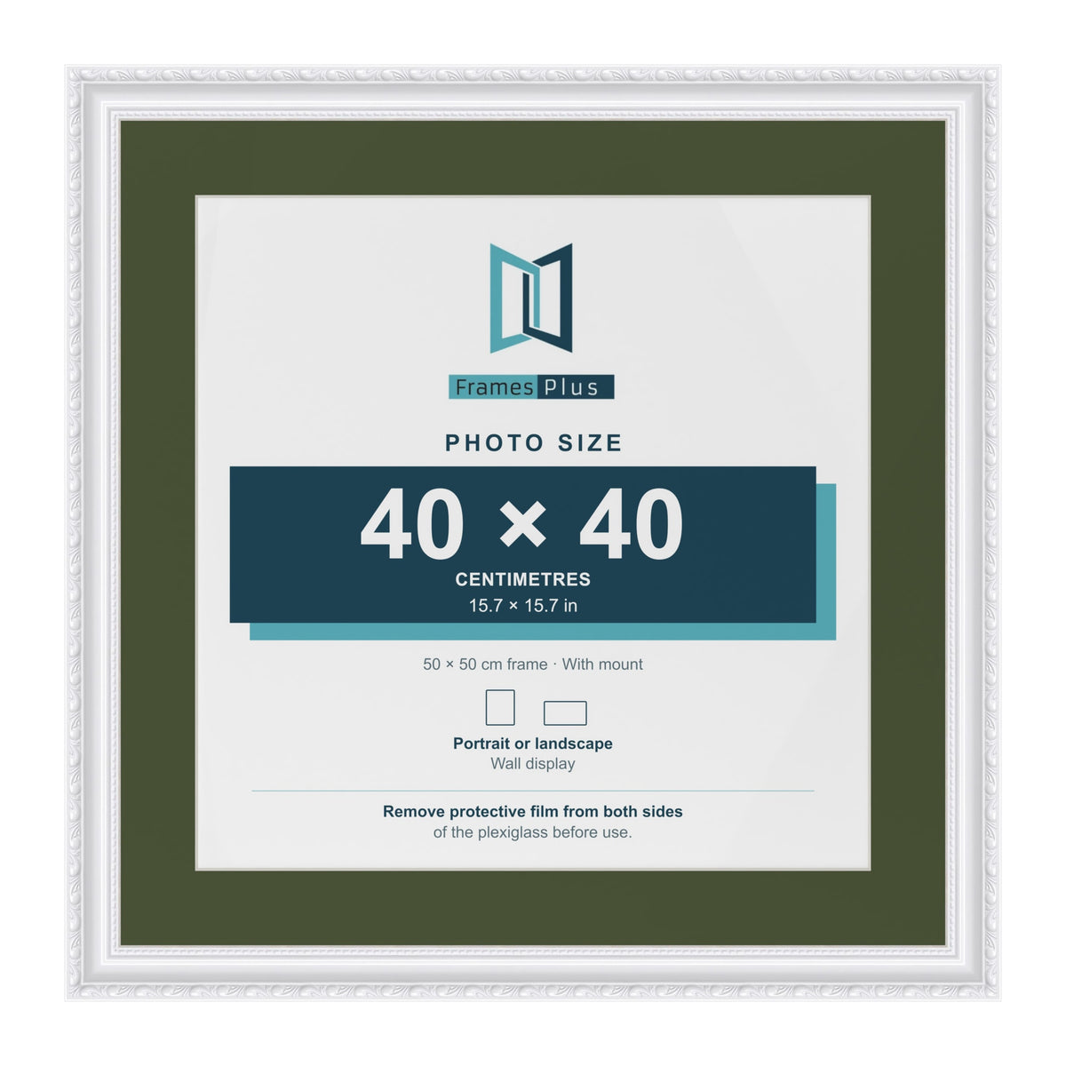 Louis White 50 x 50 cm picture frame with a green mount for a 40 x 40 cm photo