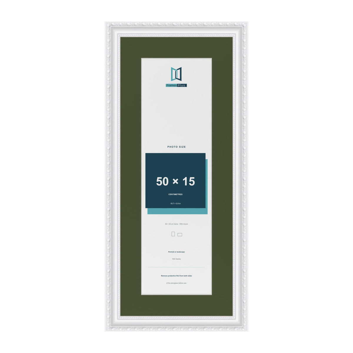 Louis White 60 x 25 cm picture frame with a green mount for a 50 x 15 cm photo