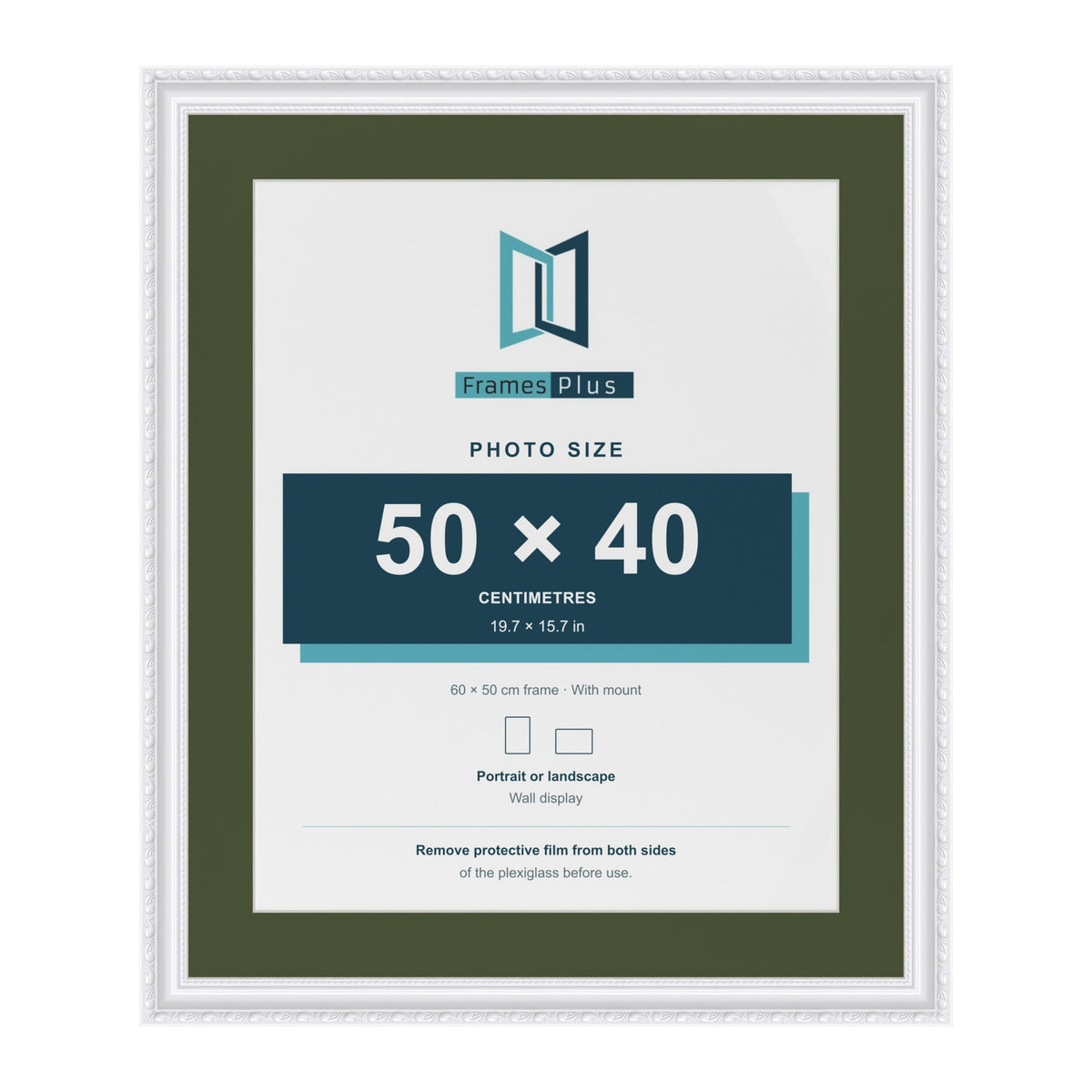 Louis White 60 x 50 cm picture frame with a green mount for a 50 x 40 cm photo