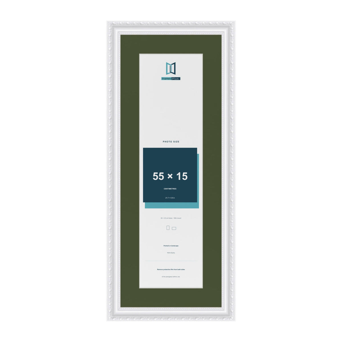 Louis White 65 x 25 cm picture frame with a green mount for a 55 x 15 cm photo