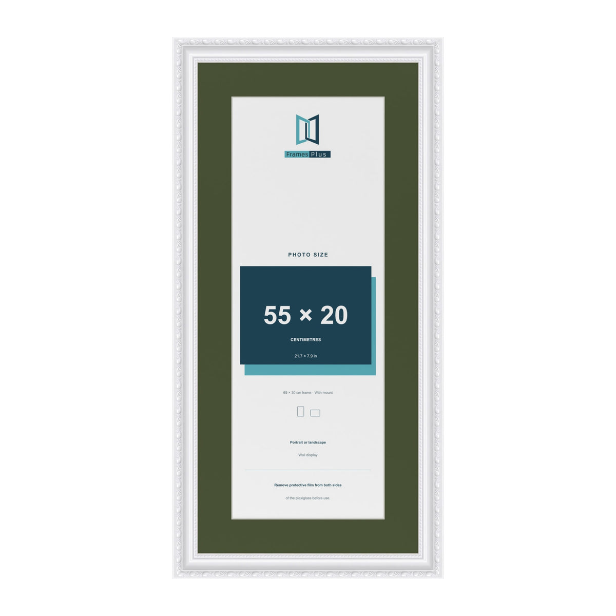 Louis White 65 x 30 cm picture frame with a green mount for a 55 x 20 cm photo