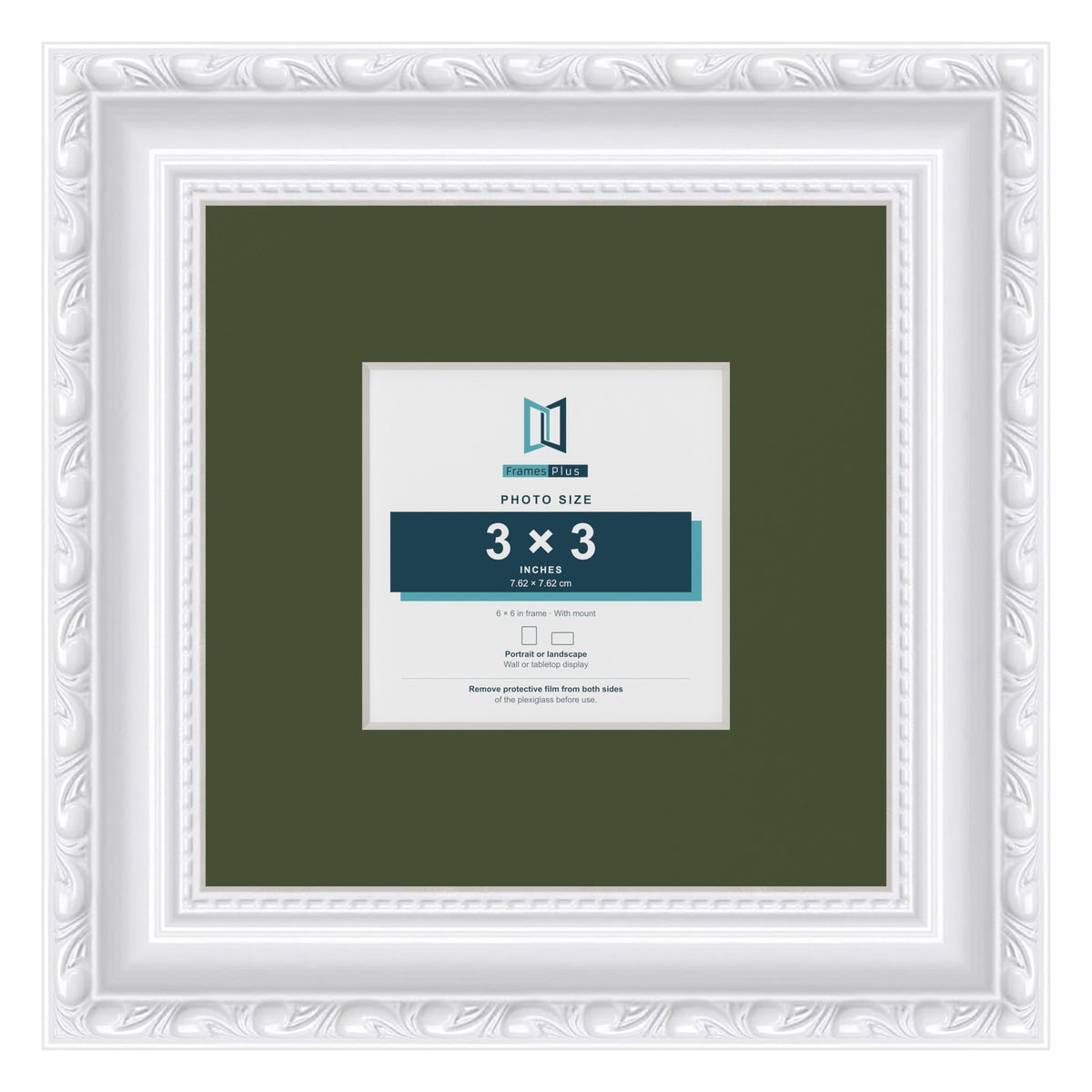 Louis White 6 x 6 inch picture frame with a green mount for a 3 x 3 inch photo