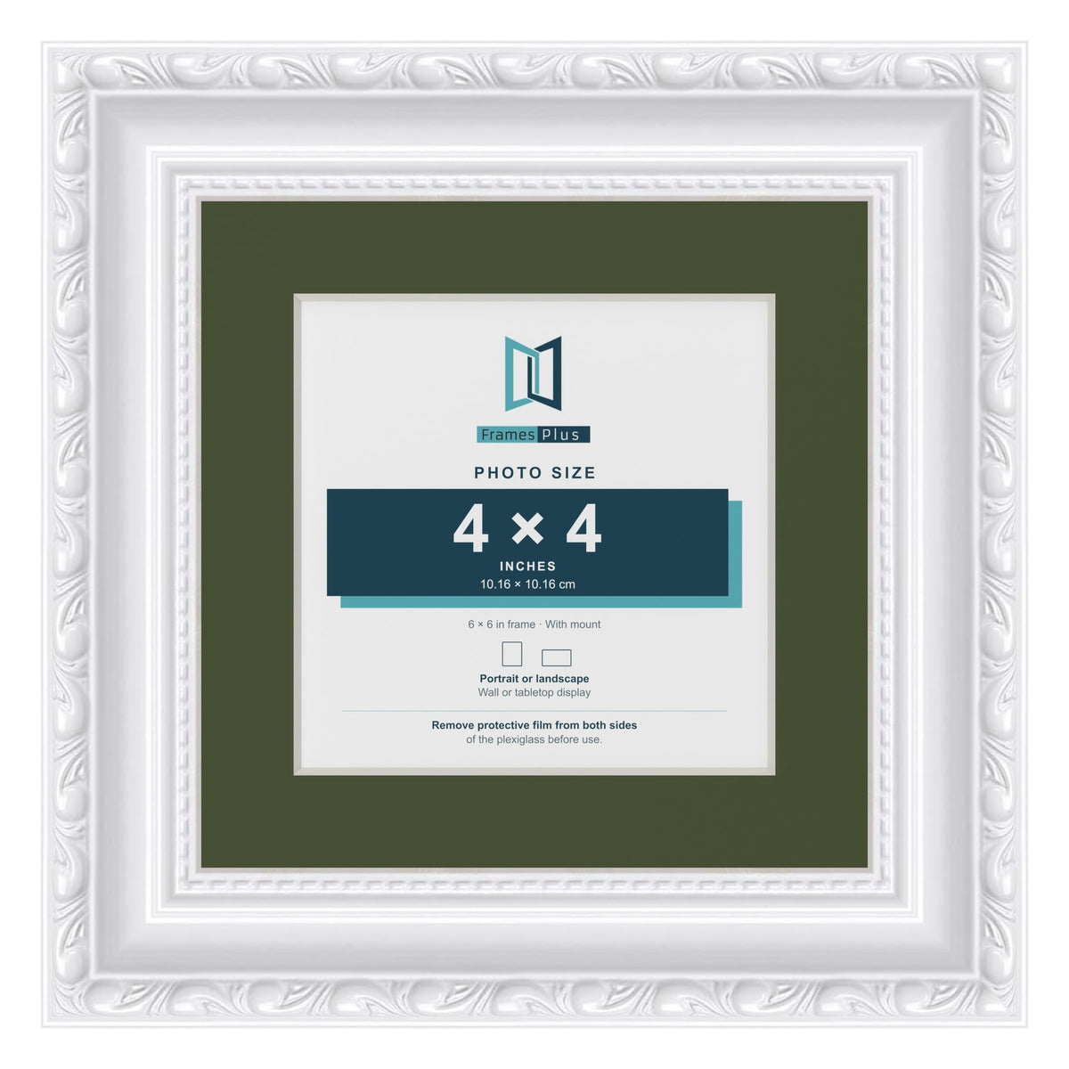 Louis White 6 x 6 inch picture frame with a green mount for a 4 x 4 inch photo