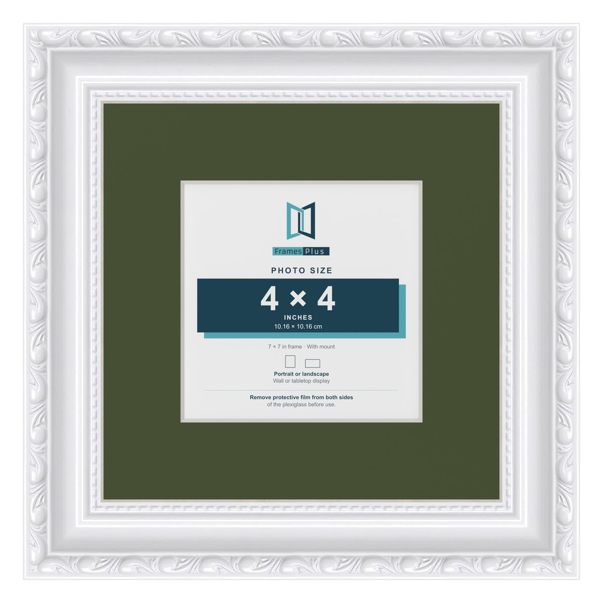 Louis White 7 x 7 inch picture frame with a green mount for a 4 x 4 inch photo