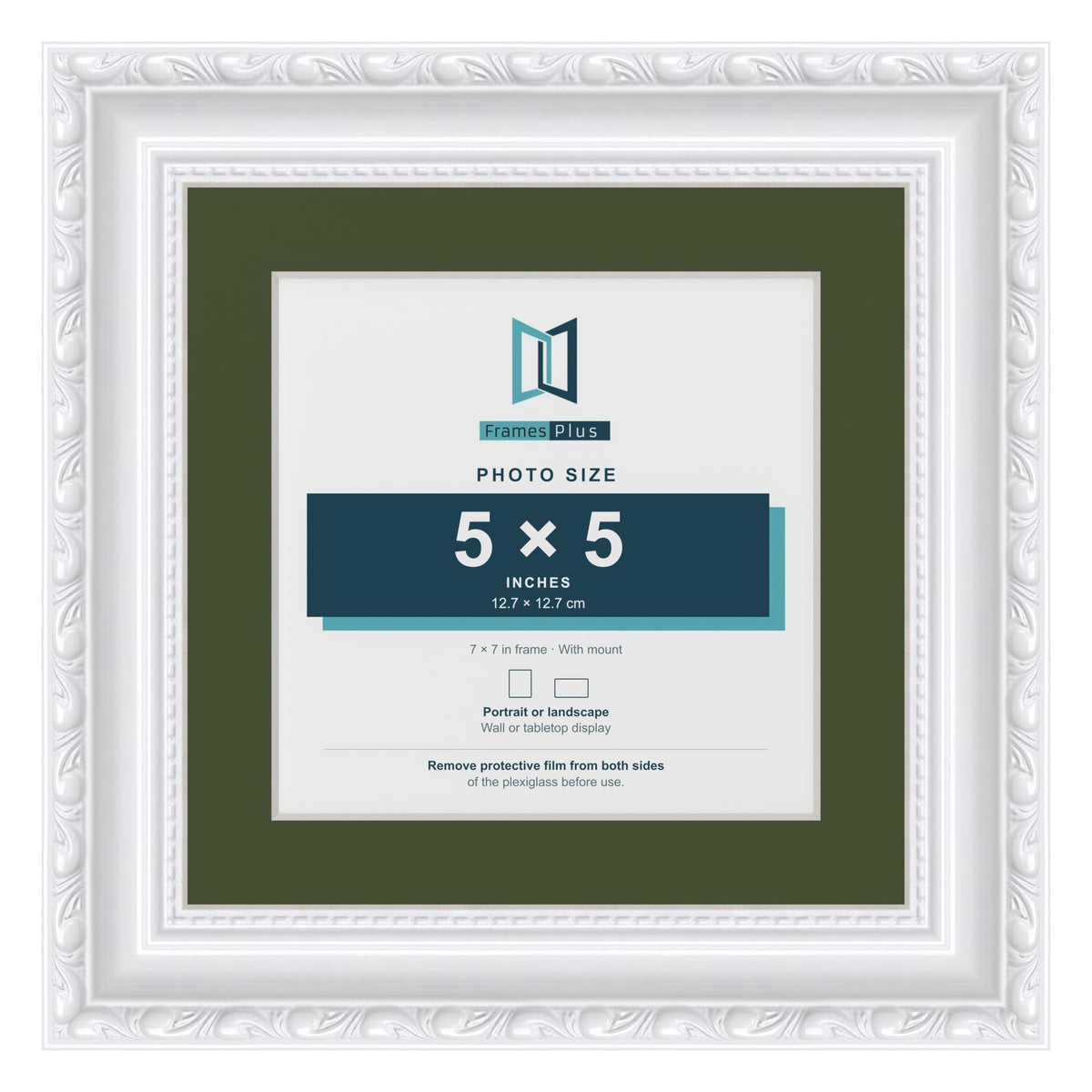 Louis White 7 x 7 inch picture frame with a green mount for a 5 x 5 inch photo