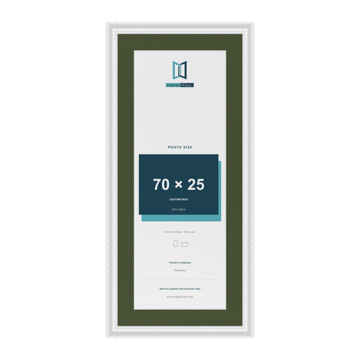 Louis White 80 x 35 cm picture frame with a green mount for a 70 x 25 cm photo