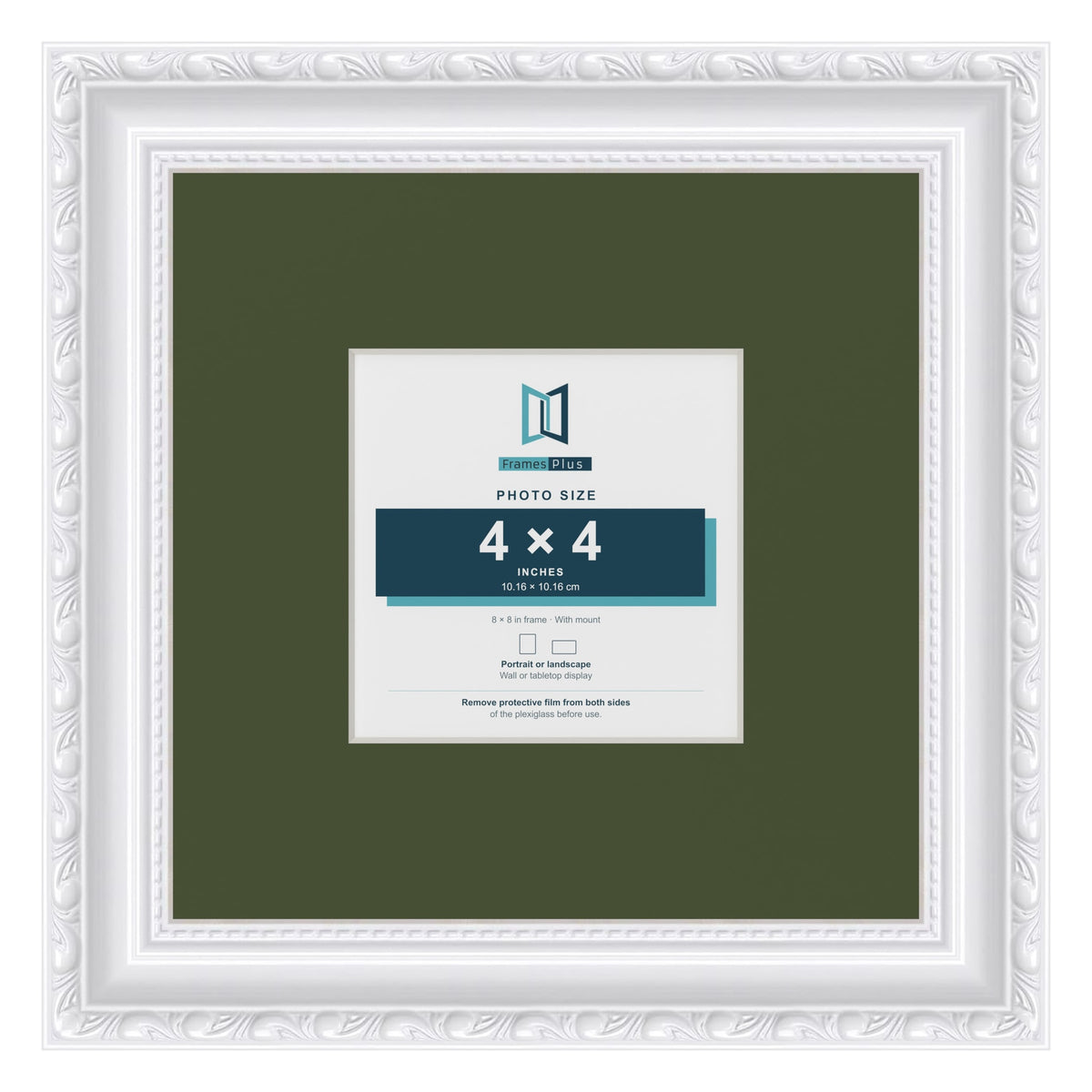 Louis White 8 x 8 inch picture frame with a green mount for a 4 x 4 inch photo