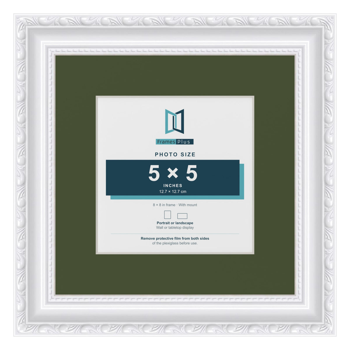 Louis White 8 x 8 inch picture frame with a green mount for a 5 x 5 inch photo