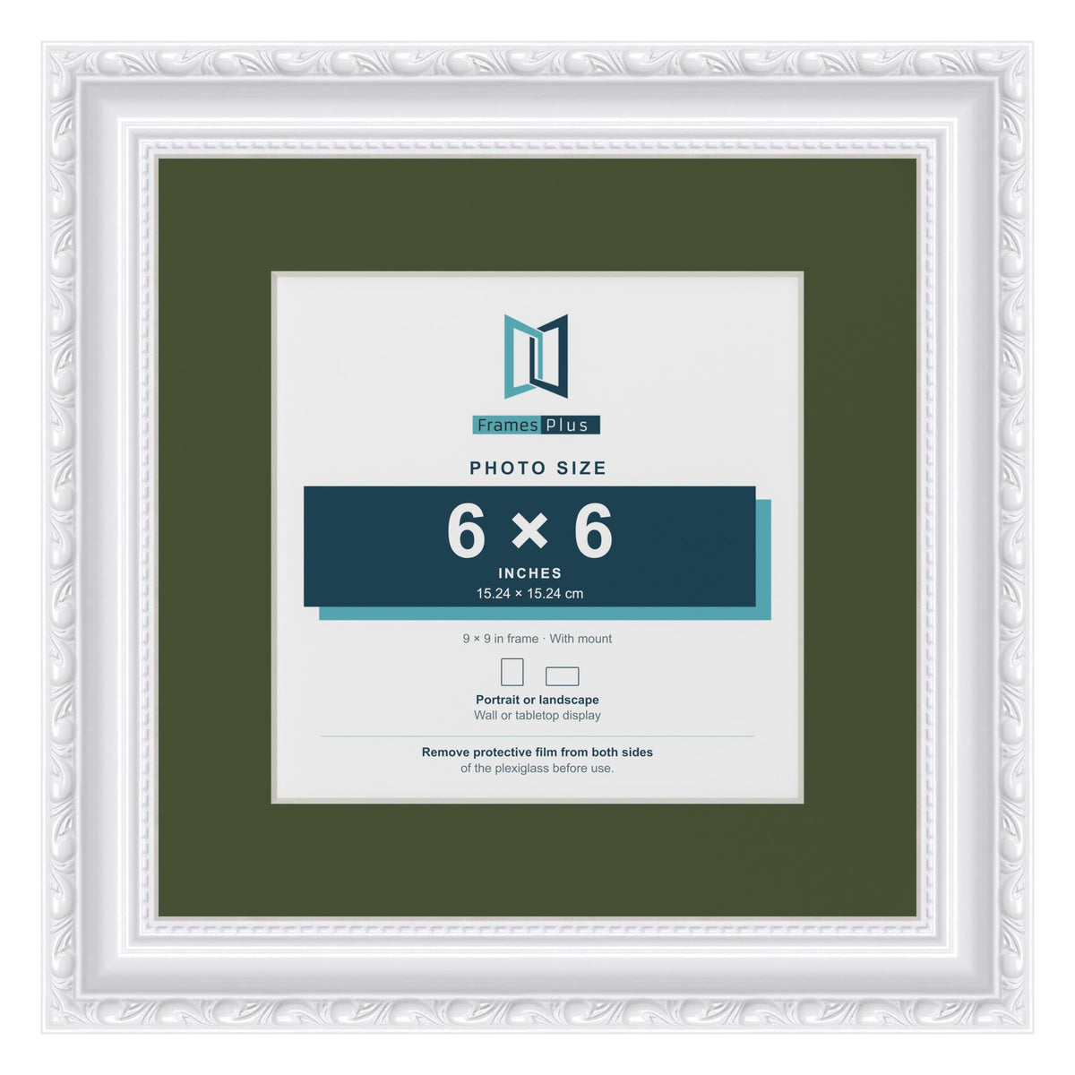 Louis White 9 x 9 inch picture frame with a green mount for a 6 x 6 inch photo