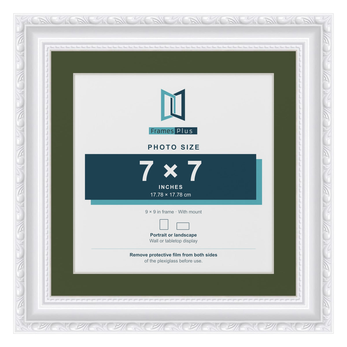 Louis White 9 x 9 inch picture frame with a green mount for a 7 x 7 inch photo
