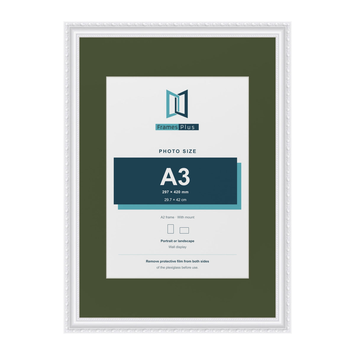 Louis White A2 picture frame with a green mount for an A3 photo