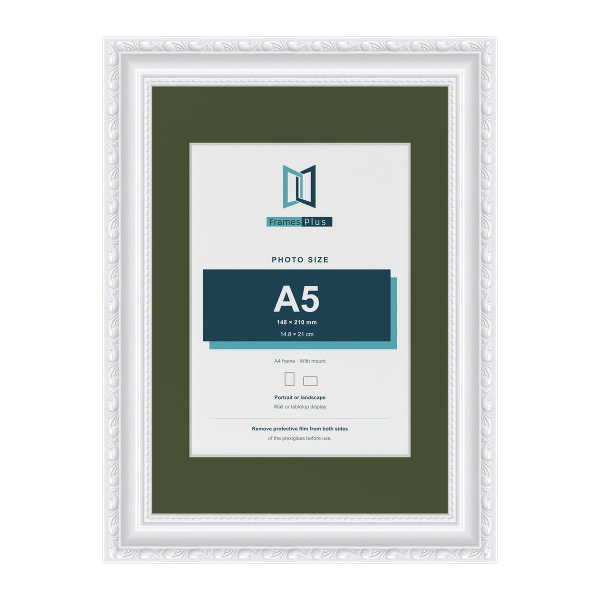 Louis White A4 picture frame with a green mount for an A5 photo