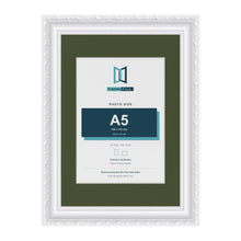 Louis White A4 picture frame with a green mount for an A5 photo