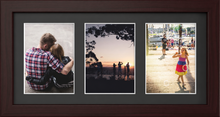Mahogany Multi-Aperture Frame for 3 Photos 7x5" with Black Mount displaying photographs