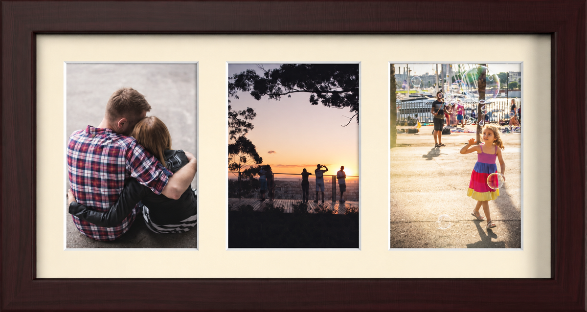 Mahogany Multi-Aperture Frame for 3 Photos 7x5" with Ivory Mount displaying photographs