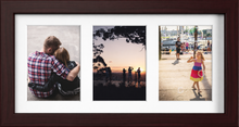 Mahogany Multi-Aperture Frame for 3 Photos 7x5" with White Mount displaying photographs