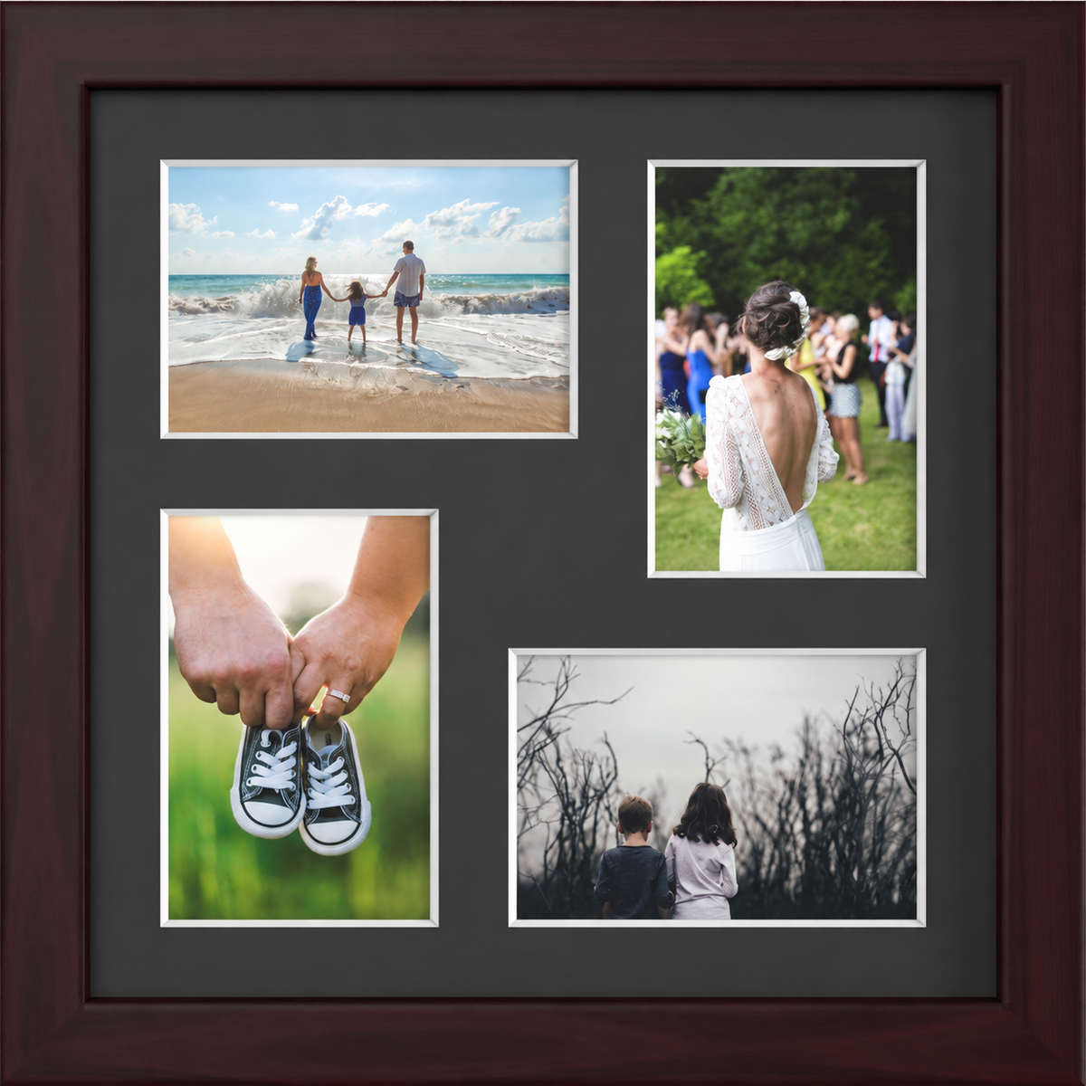 Mahogany Multi-Aperture Frame for 4 Photos 6x4" with Black Mount displaying photographs