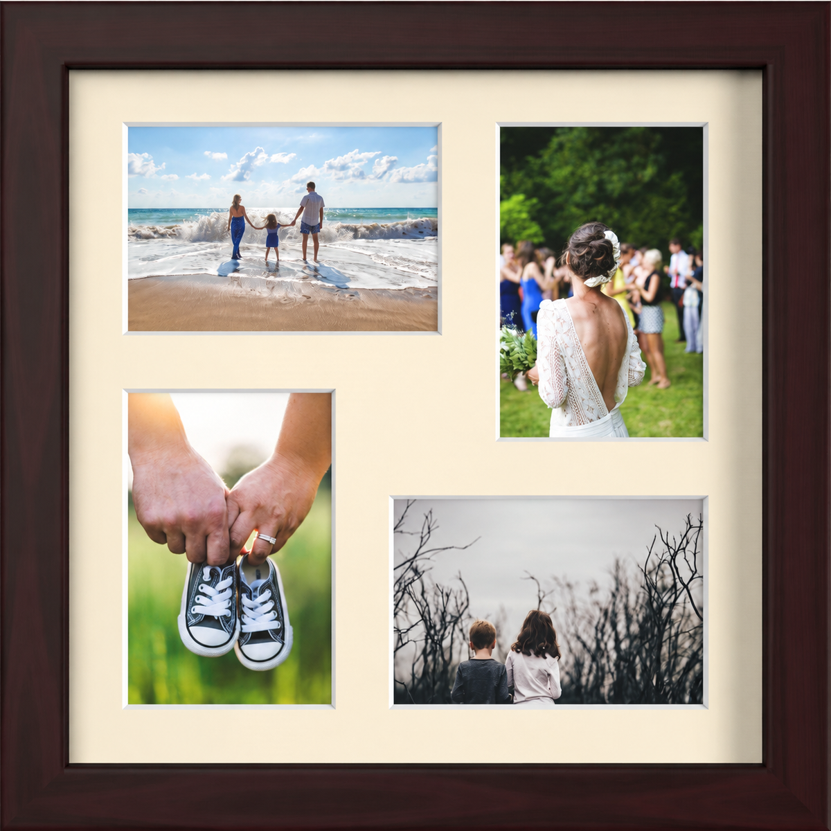 Mahogany Multi-Aperture Frame for 4 Photos 6x4" with Ivory Mount displaying photographs