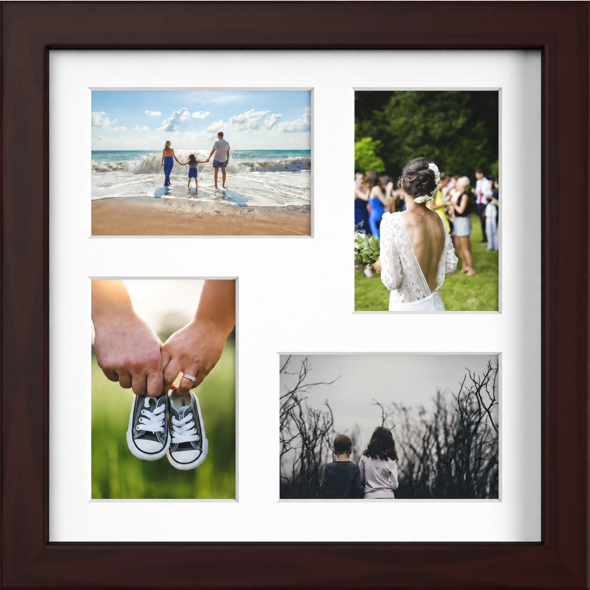 Mahogany Multi-Aperture Frame for 4 Photos 6x4" with White Mount displaying photographs