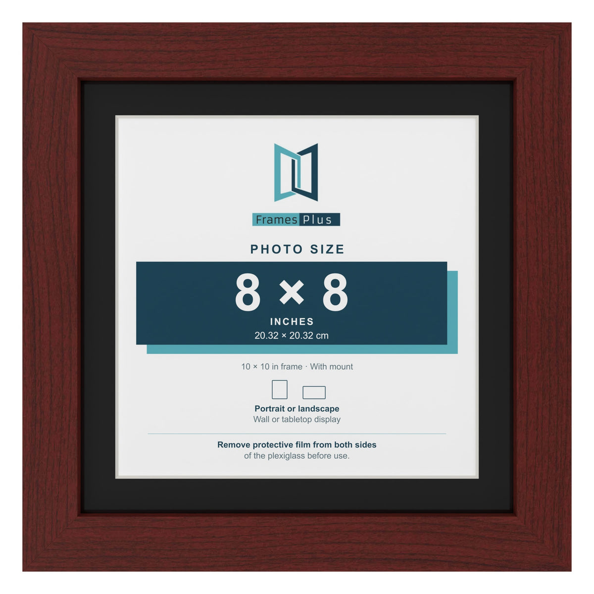 Mahogany 10 x 10 inch picture frame with a black mount for an 8 x 8 inch photo