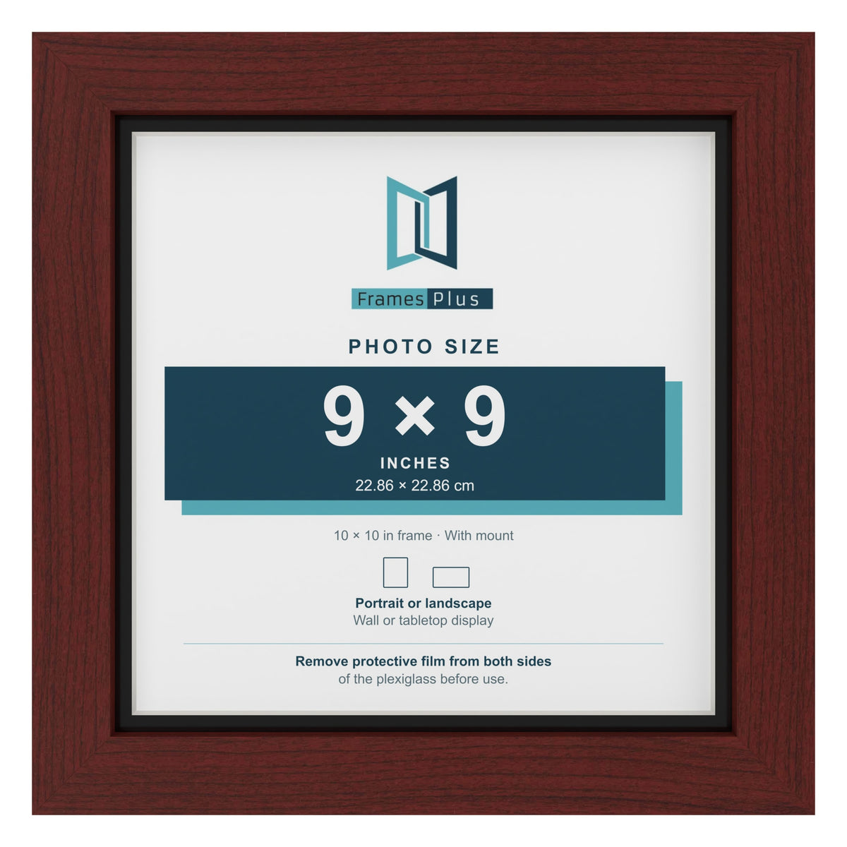 Mahogany 10 x 10 inch picture frame with a black mount for a 9 x 9 inch photo