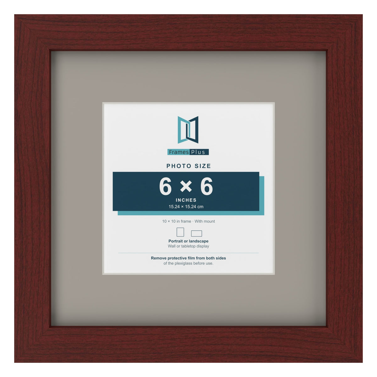 Mahogany 10 x 10 inch picture frame with a Dawn Grey mount for a 6 x 6 inch photo