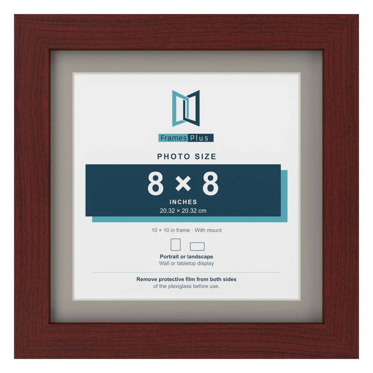 Mahogany 10 x 10 inch picture frame with a Dawn Grey mount for an 8 x 8 inch photo
