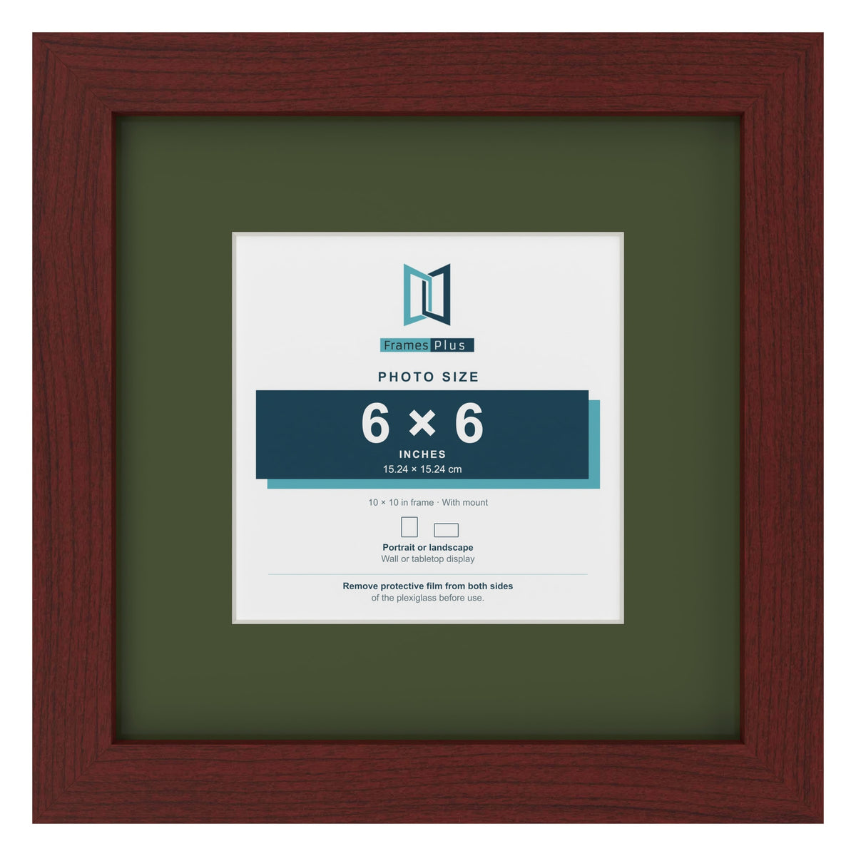 Mahogany 10 x 10 inch picture frame with a green mount for a 6 x 6 inch photo