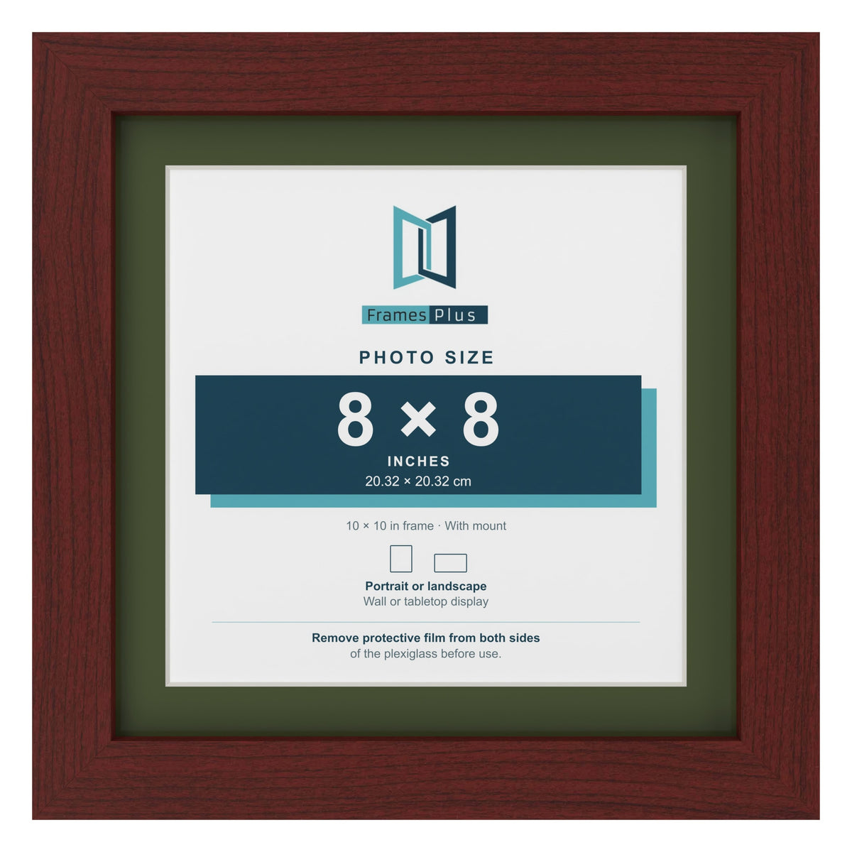 Mahogany 10 x 10 inch picture frame with a green mount for an 8 x 8 inch photo