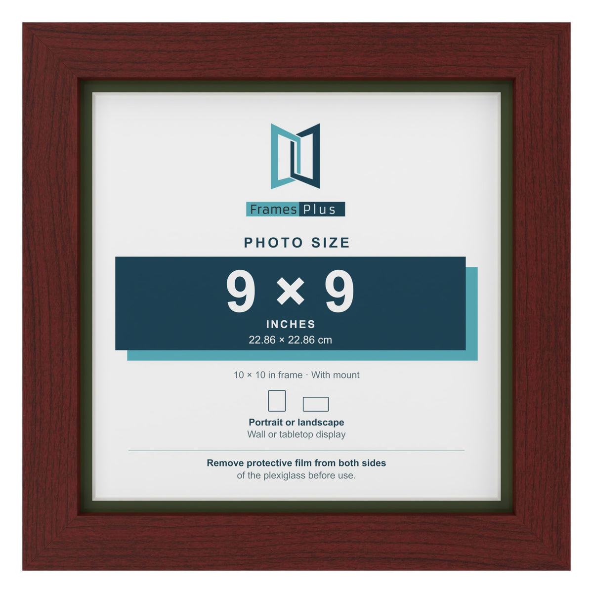 Mahogany 10 x 10 inch picture frame with a green mount for a 9 x 9 inch photo