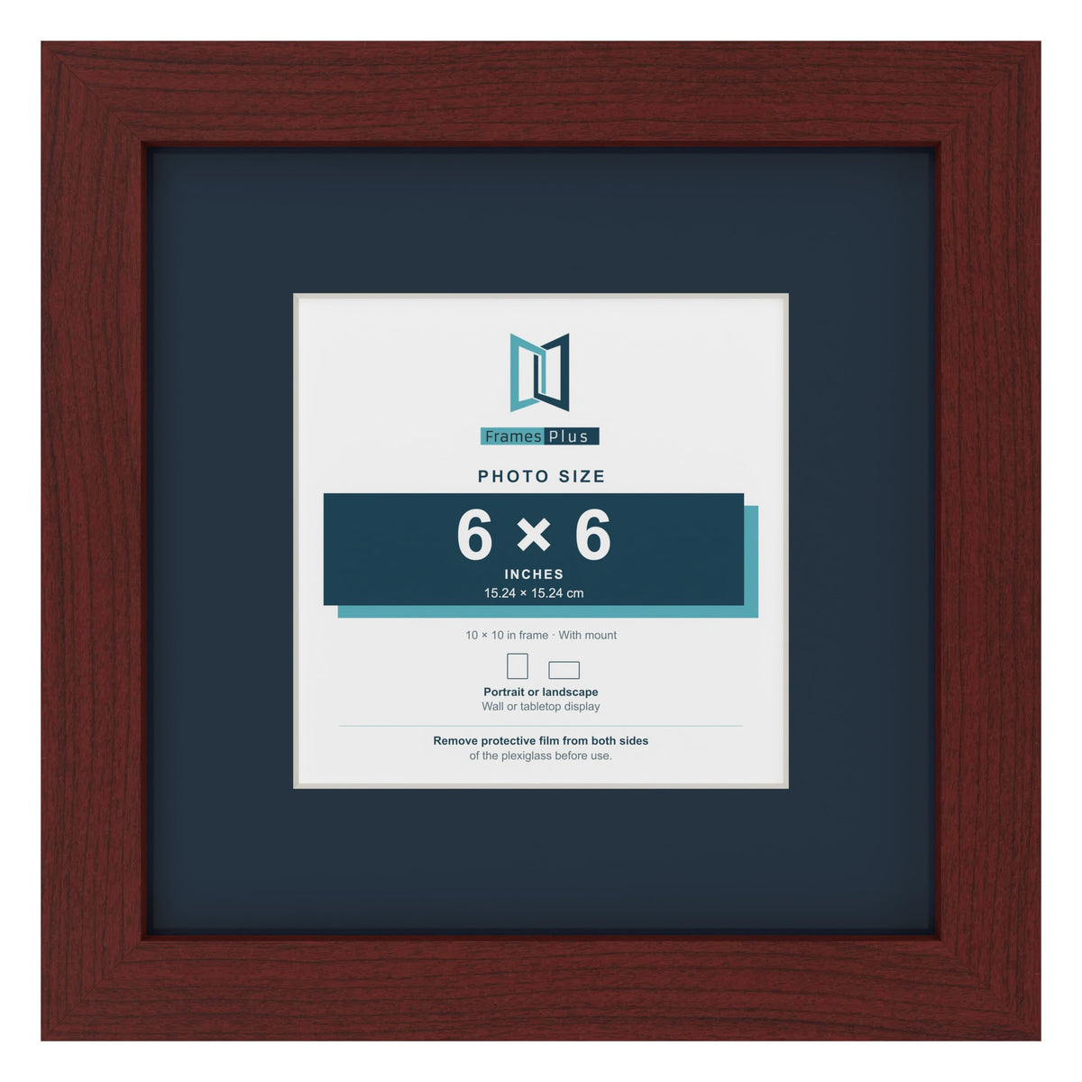 Mahogany 10 x 10 inch picture frame with a Pacific Blue mount for a 6 x 6 inch photo