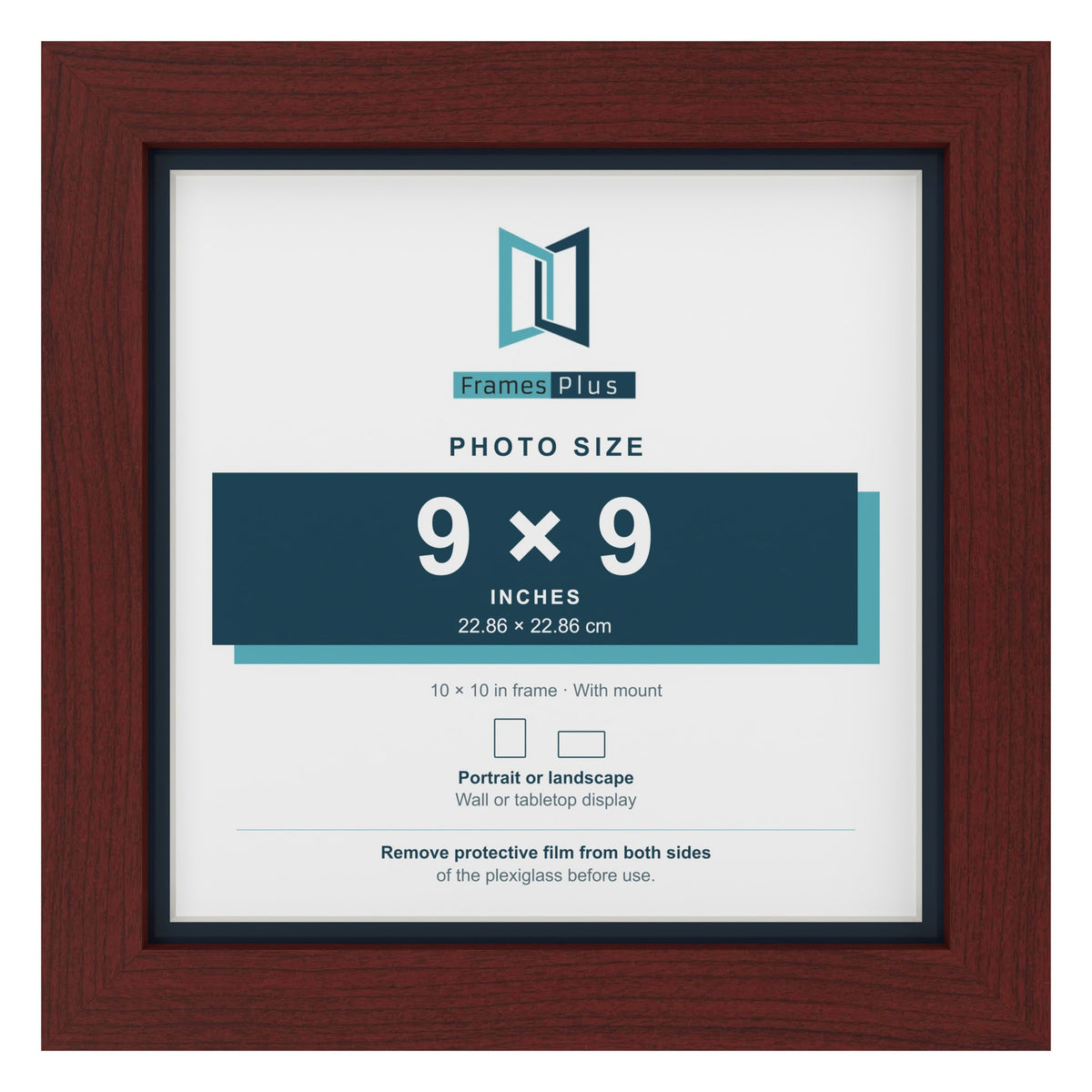 Mahogany 10 x 10 inch picture frame with a Pacific Blue mount for a 9 x 9 inch photo