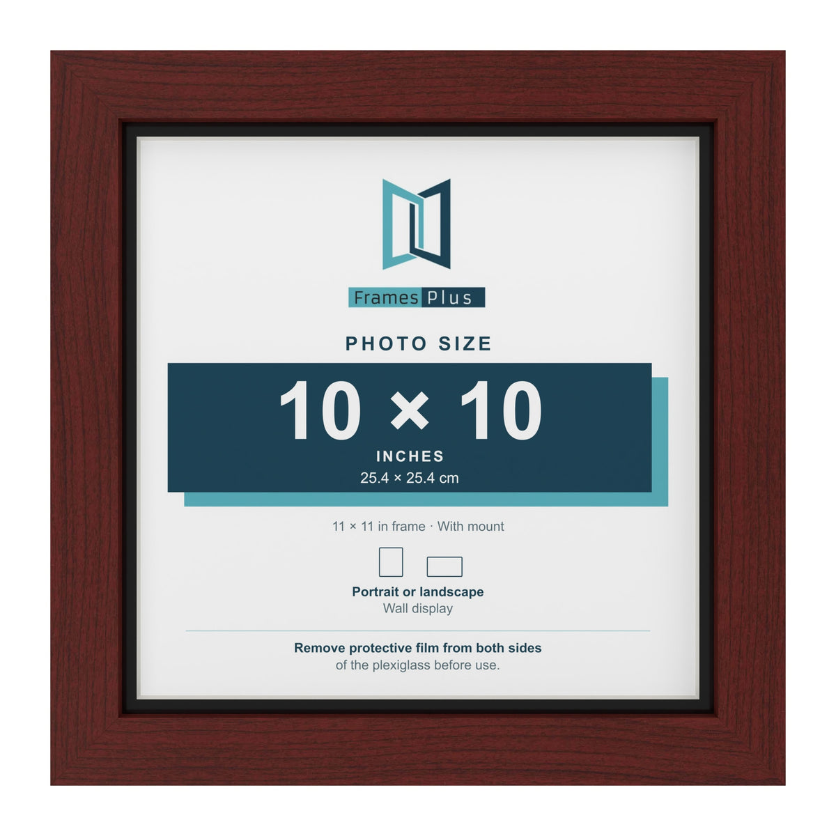 Mahogany 11 x 11 inch picture frame with a black mount for a 10 x 10 inch photo