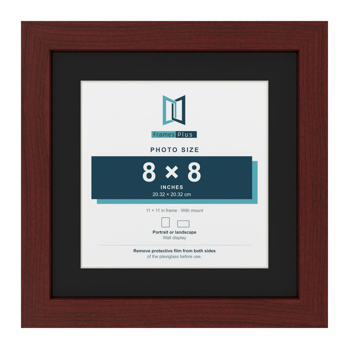 Mahogany 11 x 11 inch picture frame with a black mount for an 8 x 8 inch photo