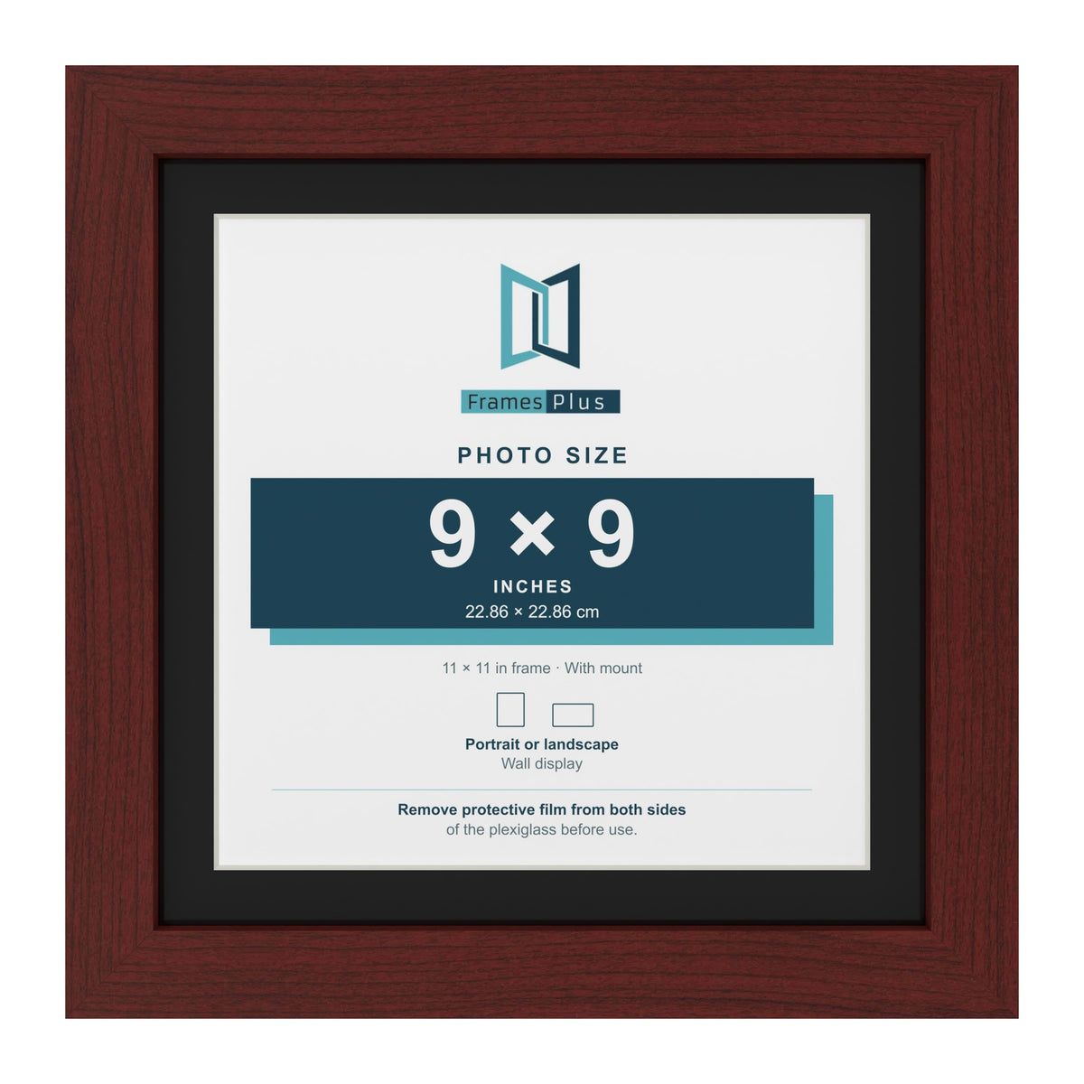 Mahogany 11 x 11 inch picture frame with a black mount for a 9 x 9 inch photo