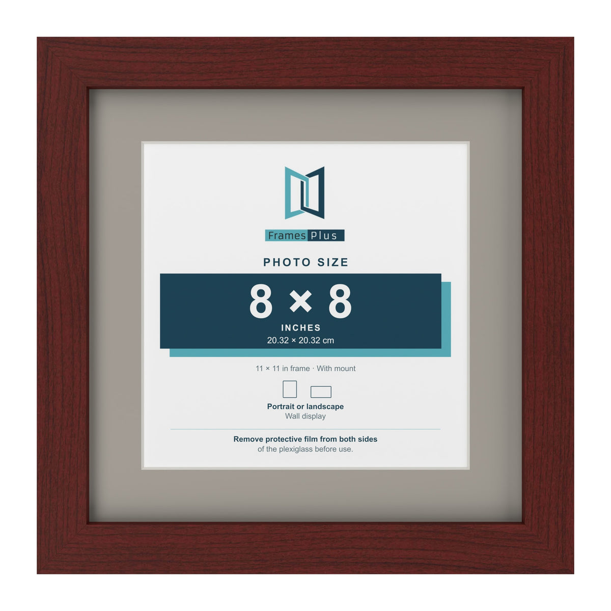 Mahogany 11 x 11 inch picture frame with a Dawn Grey mount for an 8 x 8 inch photo