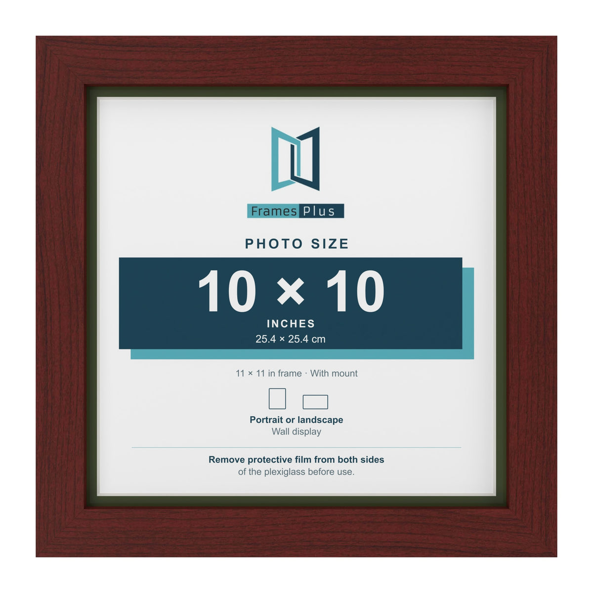Mahogany 11 x 11 inch picture frame with a green mount for a 10 x 10 inch photo