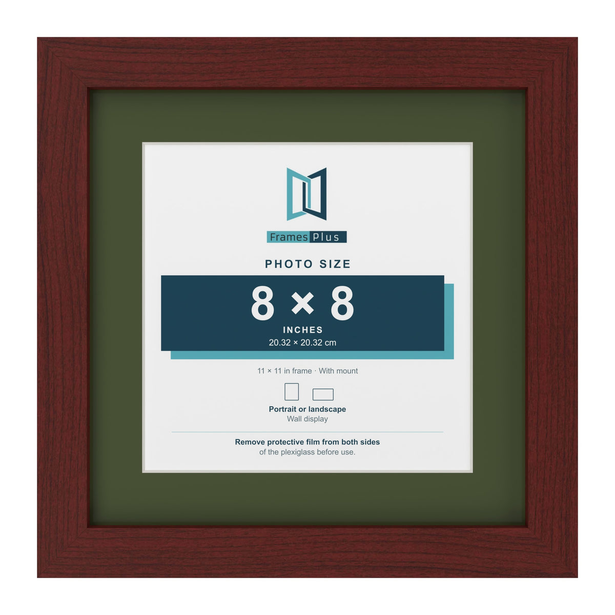 Mahogany 11 x 11 inch picture frame with a green mount for an 8 x 8 inch photo