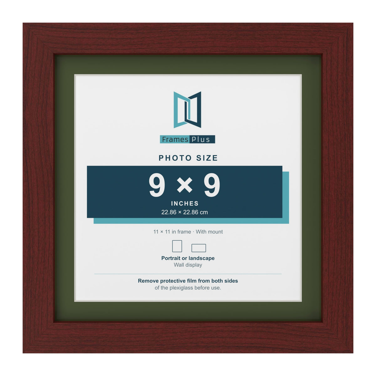 Mahogany 11 x 11 inch picture frame with a green mount for a 9 x 9 inch photo
