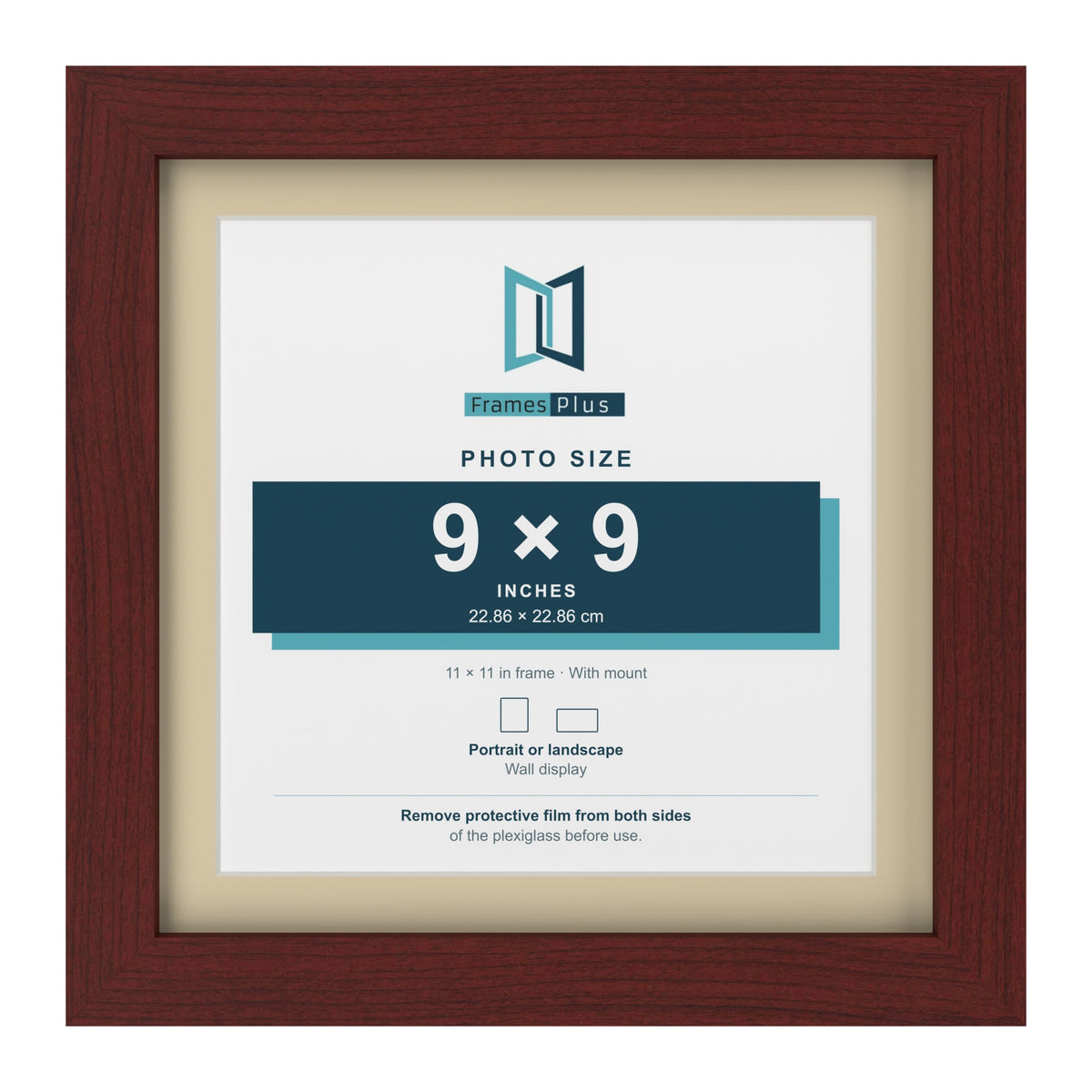 Mahogany 11 x 11 inch picture frame with an ivory mount for a 9 x 9 inch photo