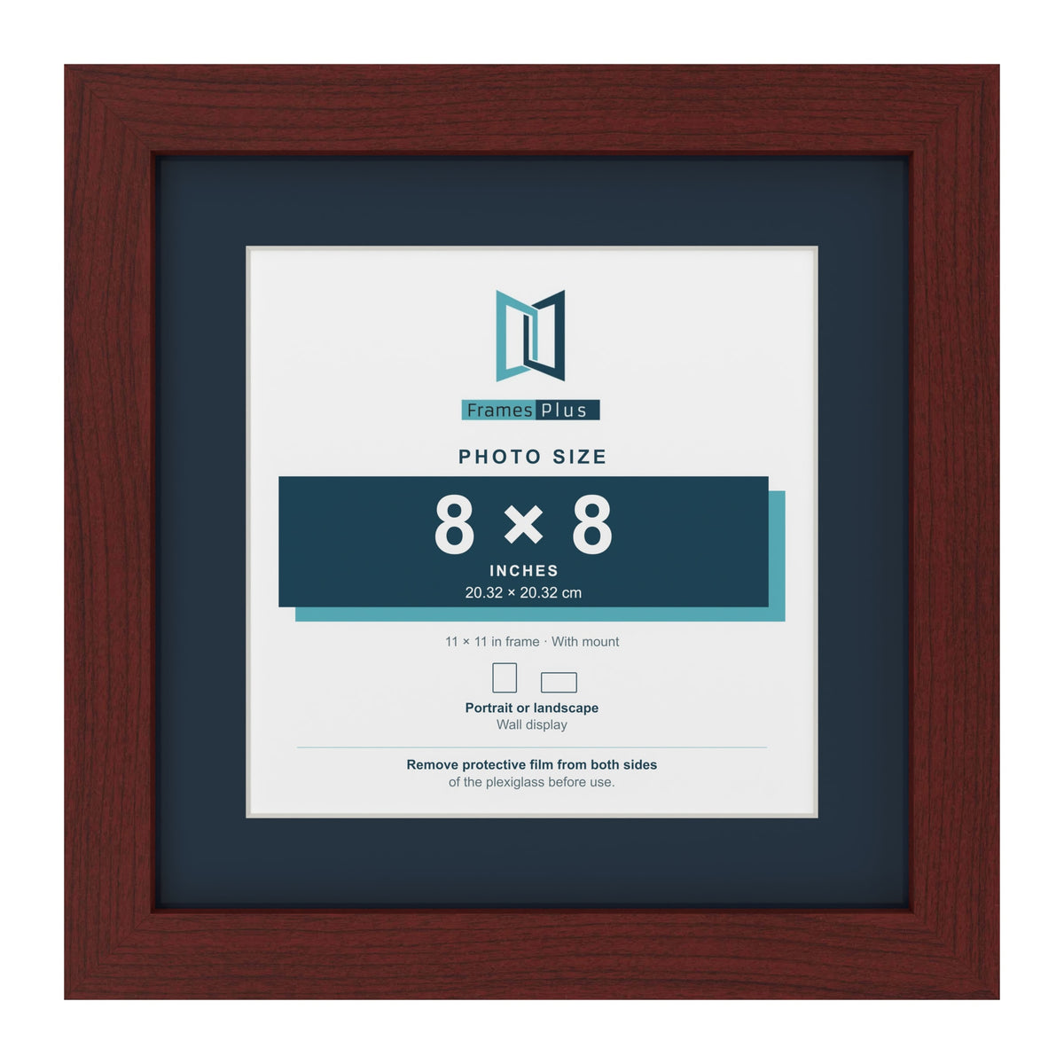 Mahogany 11 x 11 inch picture frame with a Pacific Blue mount for an 8 x 8 inch photo