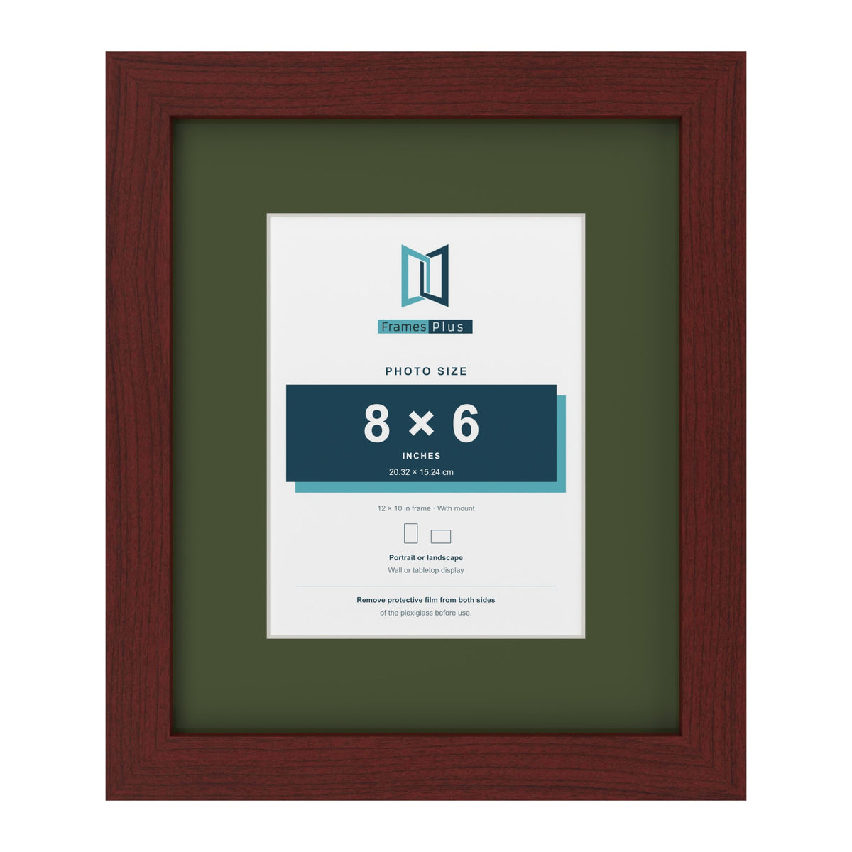 Mahogany 12 x 10 inch picture frame with a green mount for an 8 x 6 inch photo