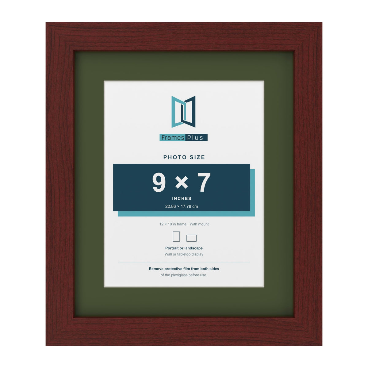 Mahogany 12 x 10 inch picture frame with a green mount for a 9 x 7 inch photo