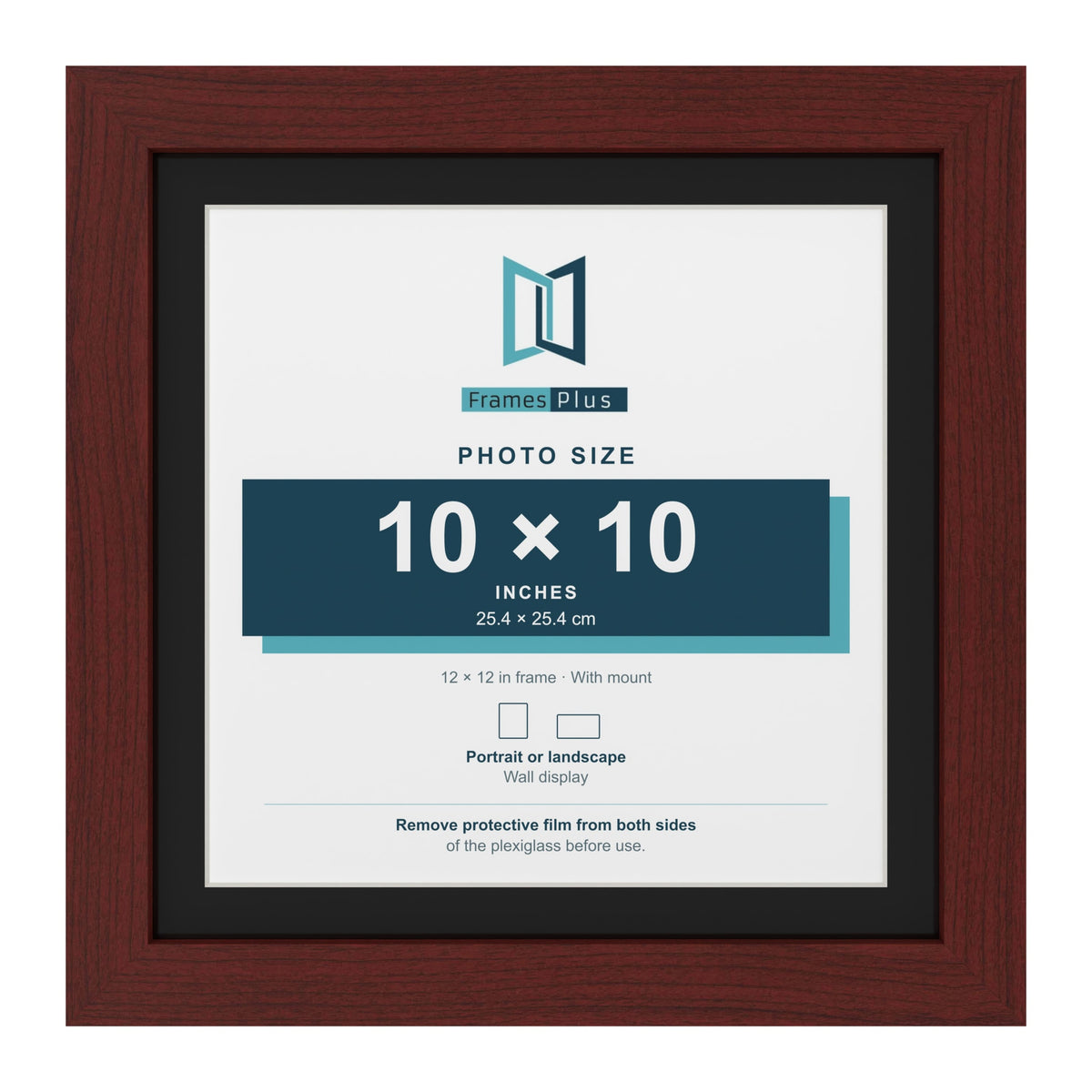 Mahogany 12 x 12 inch picture frame with a black mount for a 10 x 10 inch photo