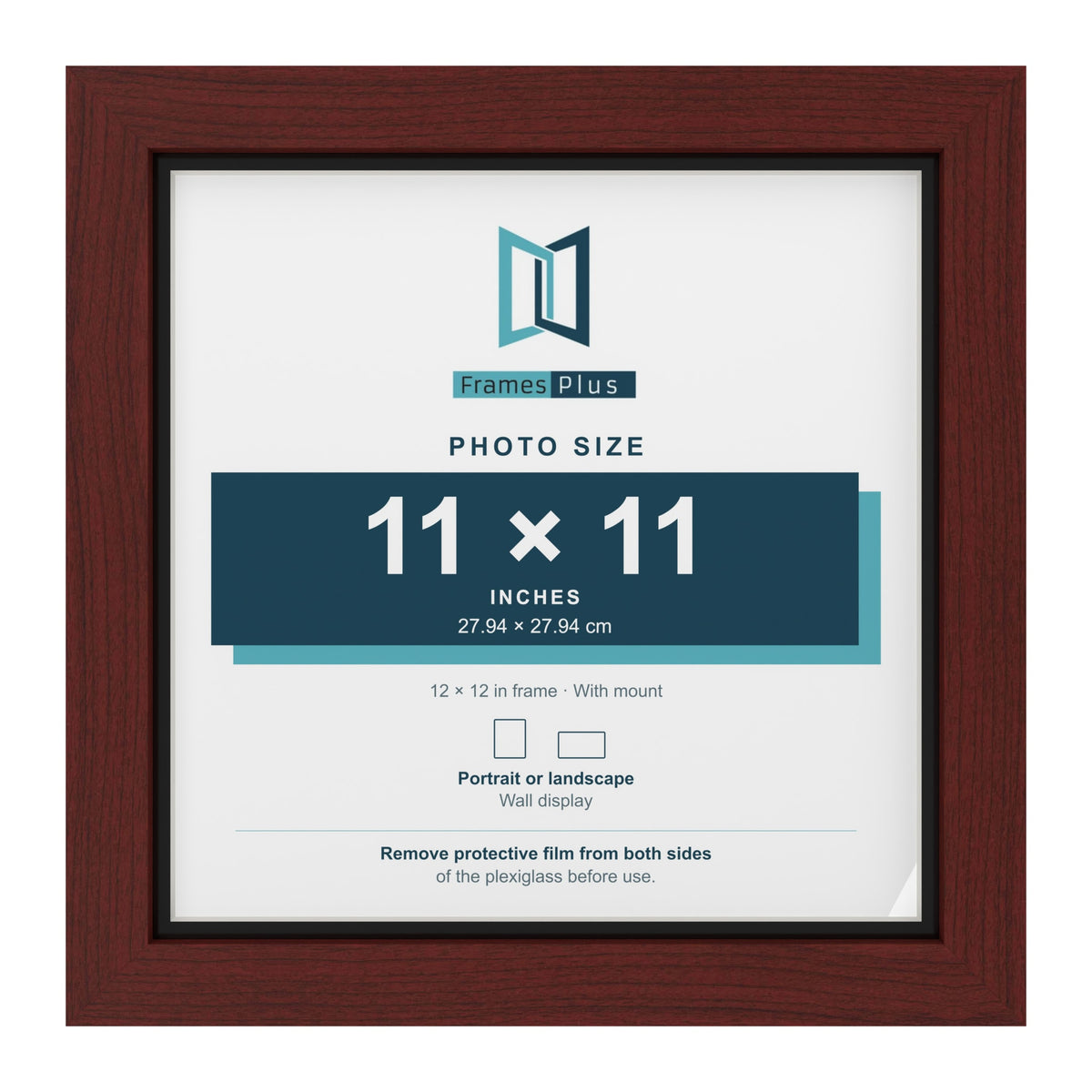 Mahogany 12 x 12 inch picture frame with a black mount for an 11 x 11 inch photo