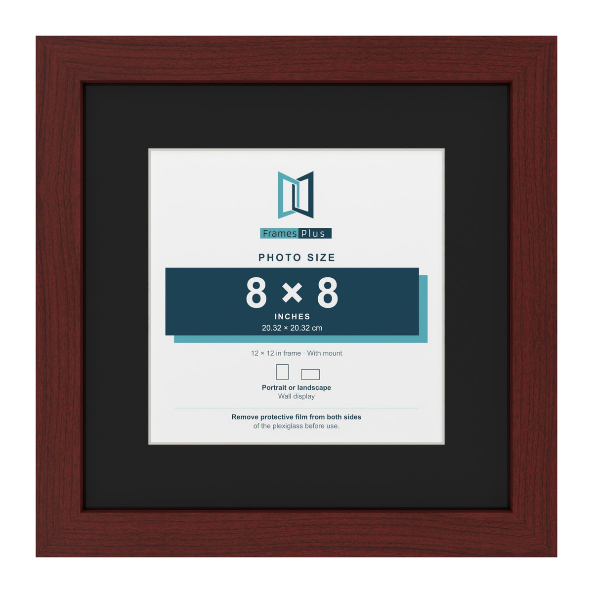 Mahogany 12 x 12 inch picture frame with a black mount for an 8 x 8 inch photo