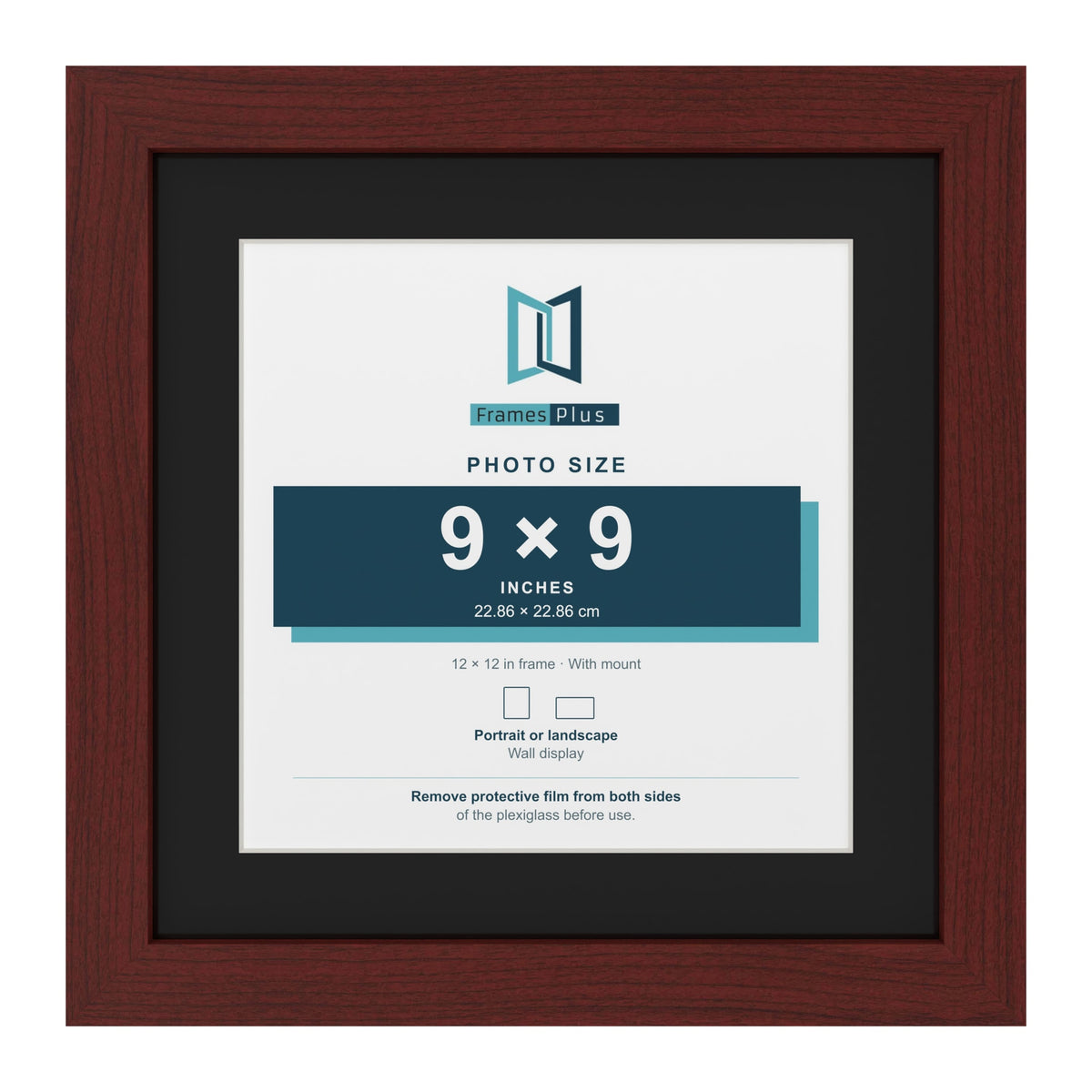 Mahogany 12 x 12 inch picture frame with a black mount for a 9 x 9 inch photo