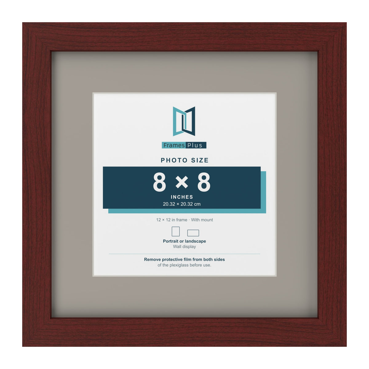 Mahogany 12 x 12 inch picture frame with a Dawn Grey mount for an 8 x 8 inch photo